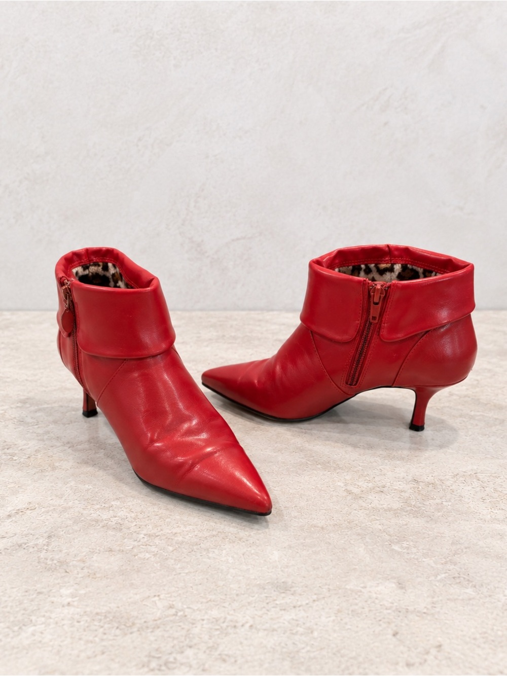 Red Faux Leather Pointed Toe Kitten Heel Ankle Boots